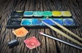 Water color paint box and paint brush Royalty Free Stock Photo