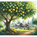 A water color painting art, a lime tree with lemons, nearby the farm house, beautiful nature view, plants Royalty Free Stock Photo