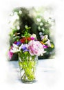 water color painting Bouquet flowers in glass vase on outdoor and bokeh background with artistic technical effect - water color Royalty Free Stock Photo