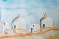 Water Color Painting of a greek mediteranean scenery with domes