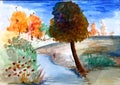 Water color painting nature trees and river