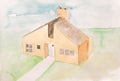 Water Color Painting of a singular individual House with Garden