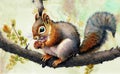 Water color painting of a squirrel eats nut on branch, AI generated