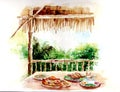 Water color painting of thai food in bamboo architecture