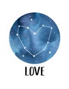 Water color poster with round navy blue starry sky, glowing stars, beautiful love heart constellation and text word `Love`. Royalty Free Stock Photo