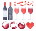 Water color set of different wine bottles, wineglasses, circle marks, heart.