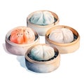 Water color style collection of realistic Steamed Buns and Dim Sum isolated transparent background on png file.