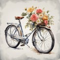 A water colored painting of bicycle with flower bouqette