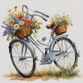 A water colored painting of bicycle with two flower baskets