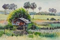 Water-colour of wooden huts in Thailand`s countryside.