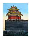 Water colour wood cut, Corner Building of Forbidden city in Spring