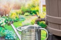 Filling watering can with water from rain barrel.