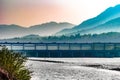 Water control dam with scenic mountain range river flowing rishikesh ganga