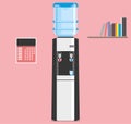 Water cooler for home and office. Office plastic bottle for cold and hot liquids. Gray and black water cooler with blue full