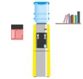 Water cooler for home and office. Office plastic bottle for cold and hot liquids. Gray and yellow water cooler with blue full