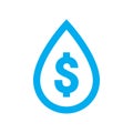 Water cost and save icon. Blue dollar symbol in water drop sign