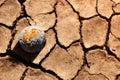 Water Crisis, Climate Change, El Nino, Global Warming Issue Concept. Brown Globe lay on Cracked Dry Soil Ground. Land without Royalty Free Stock Photo