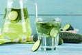 Water with cucumber. Refreshing diet water with cucumber and mint in a glass beaker against a blue background. detox drink concept Royalty Free Stock Photo