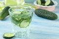 Water with cucumber. Refreshing diet water with cucumber and mint in a glass beaker against a blue background. detox drink concept Royalty Free Stock Photo