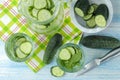 Water with cucumber. Refreshing diet water with cucumber and mint in a glass beaker against a blue background. detox drink concept Royalty Free Stock Photo