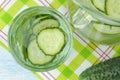 Water with cucumber. Refreshing diet water with cucumber and mint in a glass beaker against a blue background. detox drink concept Royalty Free Stock Photo