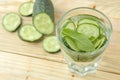 Water with cucumber. Refreshing diet water with cucumber and mint in a glass beaker against a blue background. detox drink concept Royalty Free Stock Photo