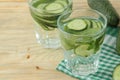 Water with cucumber. Refreshing diet water with cucumber and mint in a glass beaker on a wooden background. detox drink concept. s Royalty Free Stock Photo