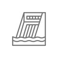 Water dam, hydro power plant, hydroelectric station line icon.