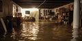 Water damage in the basement following a flood, with objects floating around , concept of Fluid accumulation Royalty Free Stock Photo