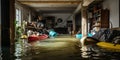 Water damage in the basement following a flood, with objects floating around , concept of Fluid accumulation Royalty Free Stock Photo