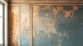 Water damage is evident on the white ceiling, where peeling paint and water marks indicate a need for immediate repair Royalty Free Stock Photo