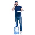 Water delivery man in blue t-shirt and cap with smartphone and document invoice signature