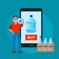 Water delivery service man and phone order vector illustration. Company for mobile water delievery. Plastic bottles, buy