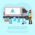 Water delivery service. Vector character with delivery cart with bottles. Water cooler rental, supply and shipping