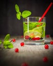 Water detox in a glass beaker. Fresh green mint and berries. A refreshing and healthy drink.