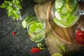 Water detox in a glass jar and a glass. Fresh green mint and berries. A refreshing and healthy drink. Royalty Free Stock Photo