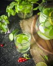 Water detox in a glass jar and a glass. Fresh green mint and berries. A refreshing and healthy drink. Royalty Free Stock Photo