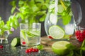 Water detox in a glass jar and a glass. Fresh green mint and berries. A refreshing and healthy drink. Royalty Free Stock Photo