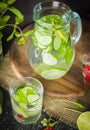 Water detox in a glass jar and a glass. Fresh green mint and berries. A refreshing and healthy drink. Royalty Free Stock Photo