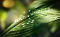 Water dew drops on deep green leaf, moody nature, macro shot, space for text Royalty Free Stock Photo