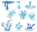 Water. Different Water Drops. Set of icons of flowing drops, waves, tears, splashes, splashes of nature. Dripping liquid. Water Royalty Free Stock Photo