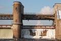 Water discharge during the spring flood at the Perervinskaya dam on the Moskva River. Royalty Free Stock Photo