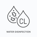 Water disinfection flat line icon. Vector outline illustration of waterdrop. Black thin linear pictogram for liquid