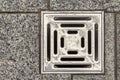 Water drain vent in kitchen, bathroom or basement ceramic tiled old vintage floor. Geometric abstract beige background