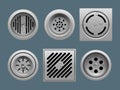 Water drains. Round metal close up form for protect sink or basin from trash decent vector drain liquids realistic