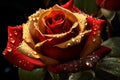 A Water Drop Adorns a Blooming Red and Gold Rose in Stunning Close-Up