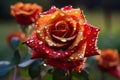 A Water Drop Adorns a Blooming Red and Gold Rose in Stunning Close-Up