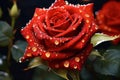 A Water Drop Adorns a Blooming Red and Gold Rose in Stunning Close-Up