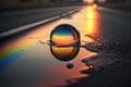 Water drop on asphalt road with sunset background. 3d rendering. Royalty Free Stock Photo