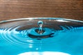 Water drop on blue background. Blue water surface with splash. Clear Waterdrop with circular waves. Splashes closeup. Water splash Royalty Free Stock Photo